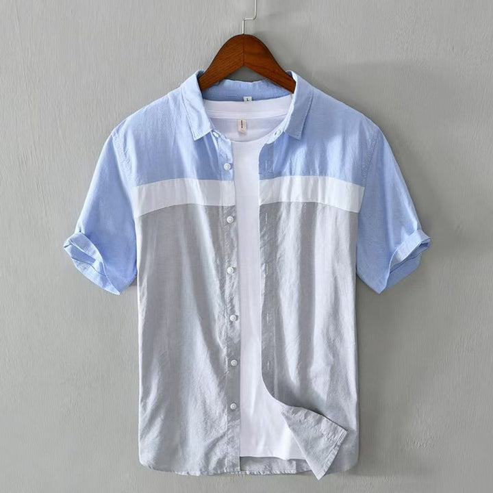 Men's Henley Long-Sleeve Cotton Colour-Block Short-Sleeve Shirt
