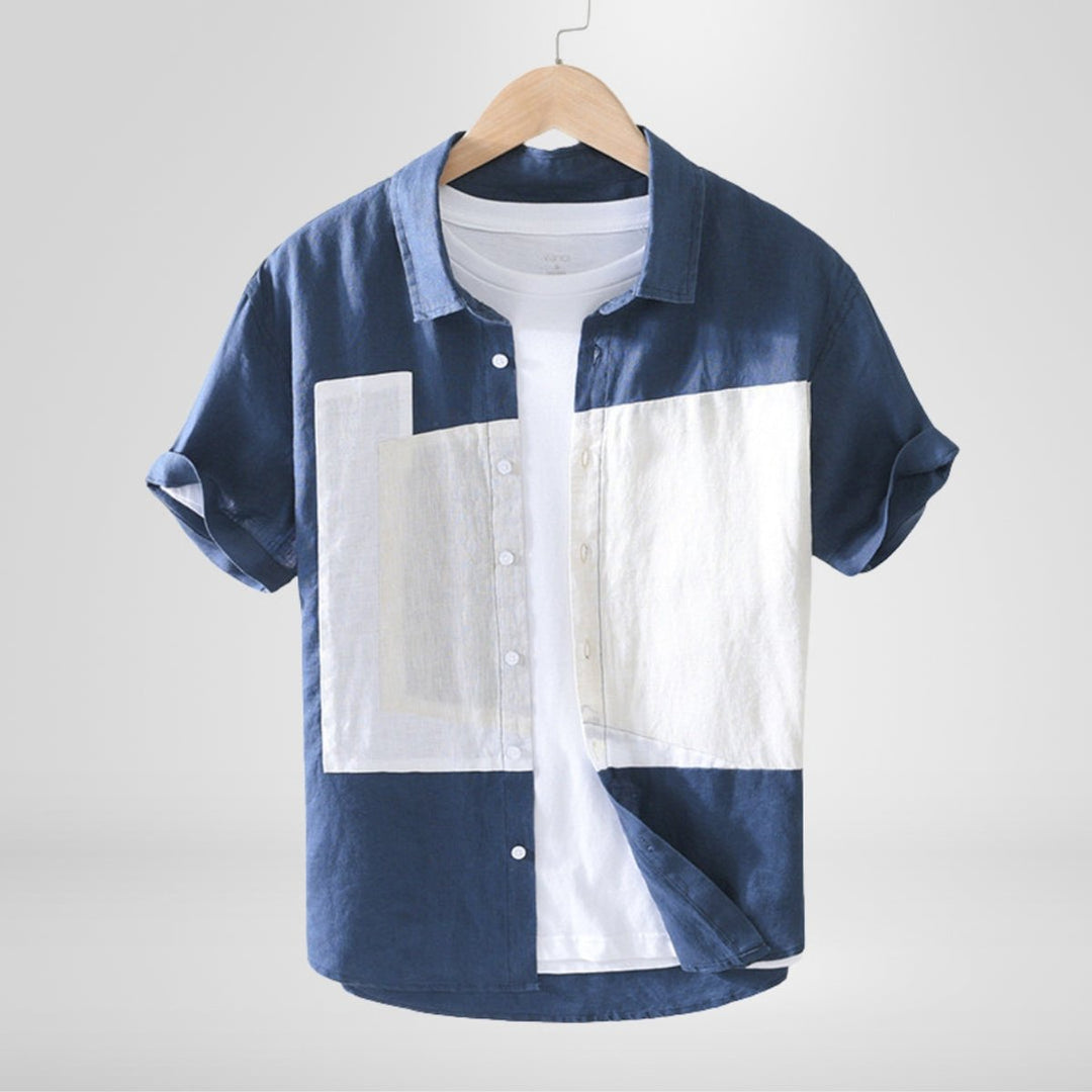Men's Henley Long-Sleeve Cotton Colour-Block Short-Sleeve Shirt