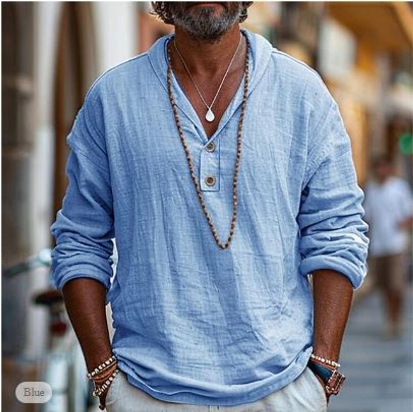 Mens Henley Long-Sleeve Linen Casual Button-Neck Shirt