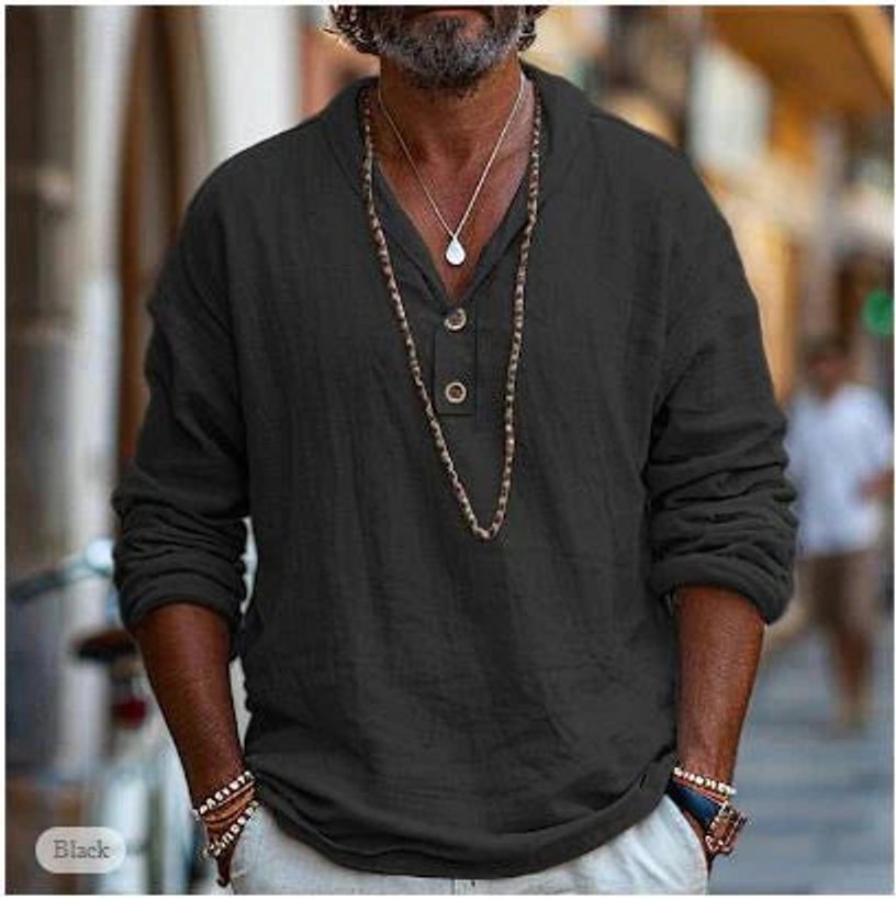 Mens Henley Long-Sleeve Linen Casual Button-Neck Shirt