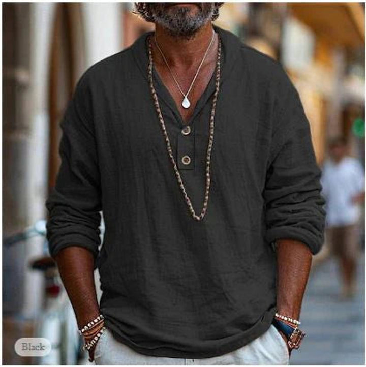 Mens Henley Long-Sleeve Linen Casual Button-Neck Shirt