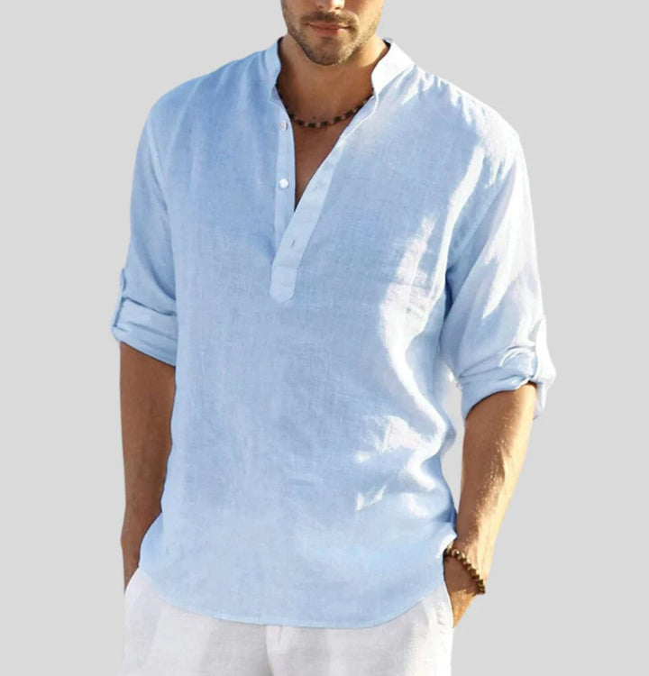Men's Henley Long-Sleeve Linen Casual Button-Neck Shirt