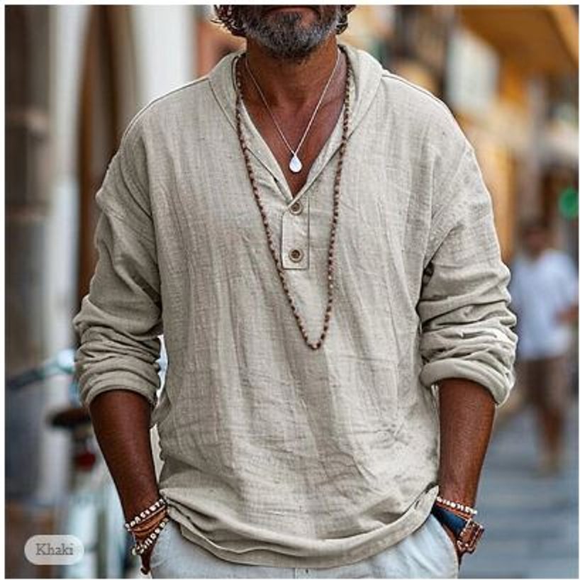 Mens Henley Long-Sleeve Linen Casual Button-Neck Shirt