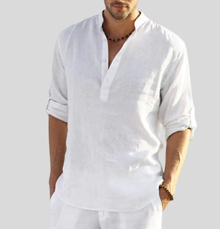 Men's Henley Long-Sleeve Linen Casual Button-Neck Shirt