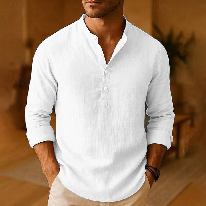 Men's Henley Long-Sleeve Linen Casual Shirt Band Collar