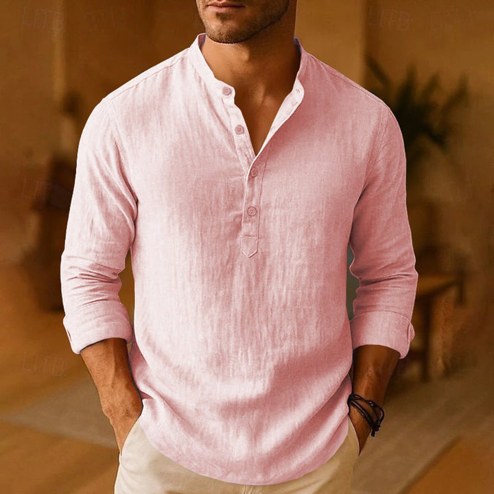 Men's Henley Long-Sleeve Linen Casual Shirt Band Collar