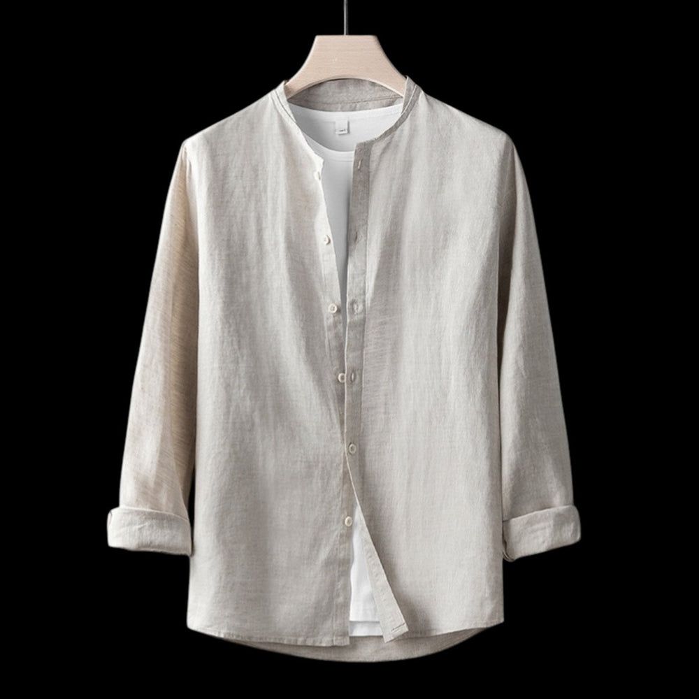 Mens Henley Long-Sleeve Linen Shirt Relaxed-Fit Button-Front