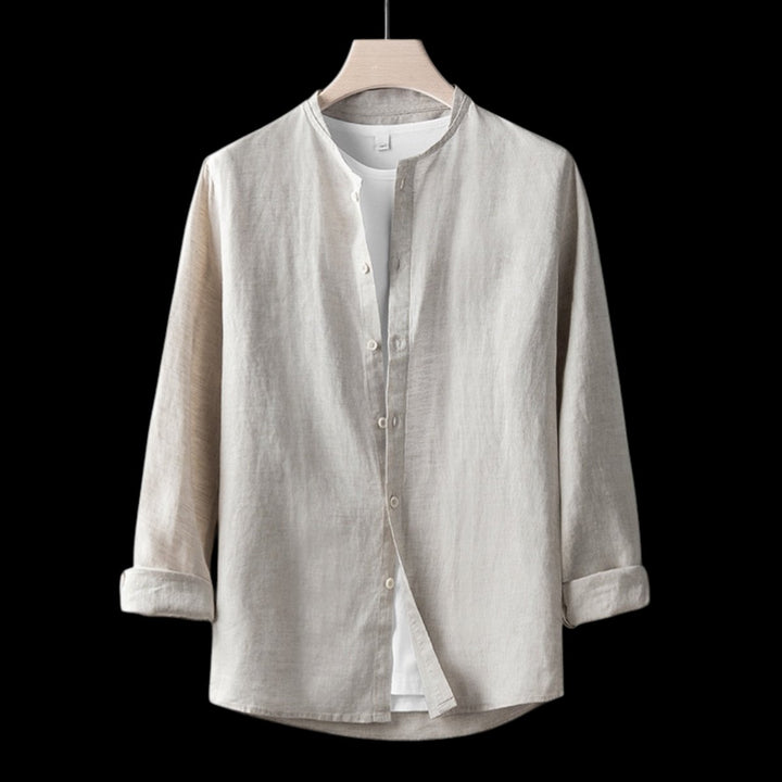 Mens Henley Long-Sleeve Linen Shirt Relaxed-Fit Button-Front