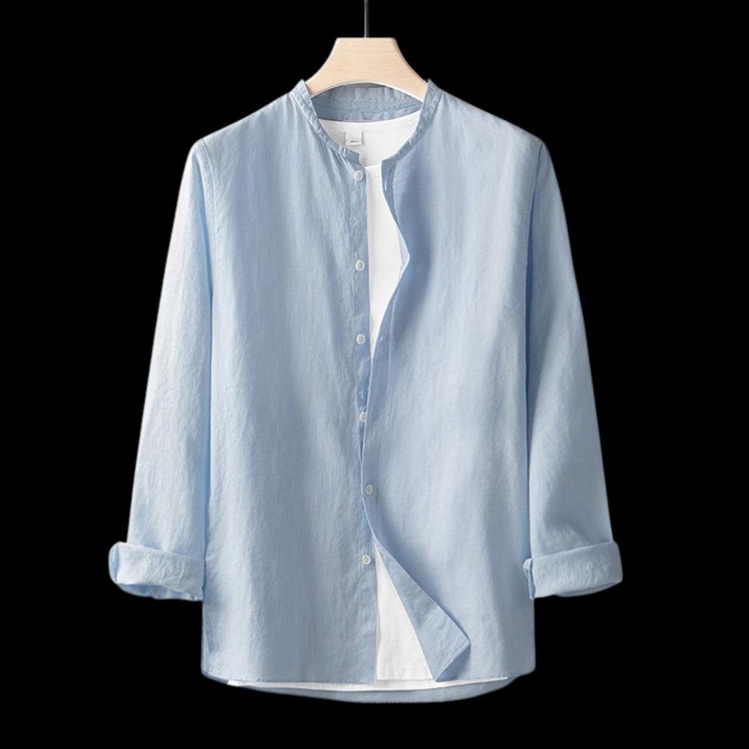 Mens Henley Long-Sleeve Linen Shirt Relaxed-Fit Button-Front