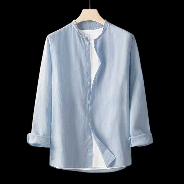Mens Henley Long-Sleeve Linen Shirt Relaxed-Fit Button-Front