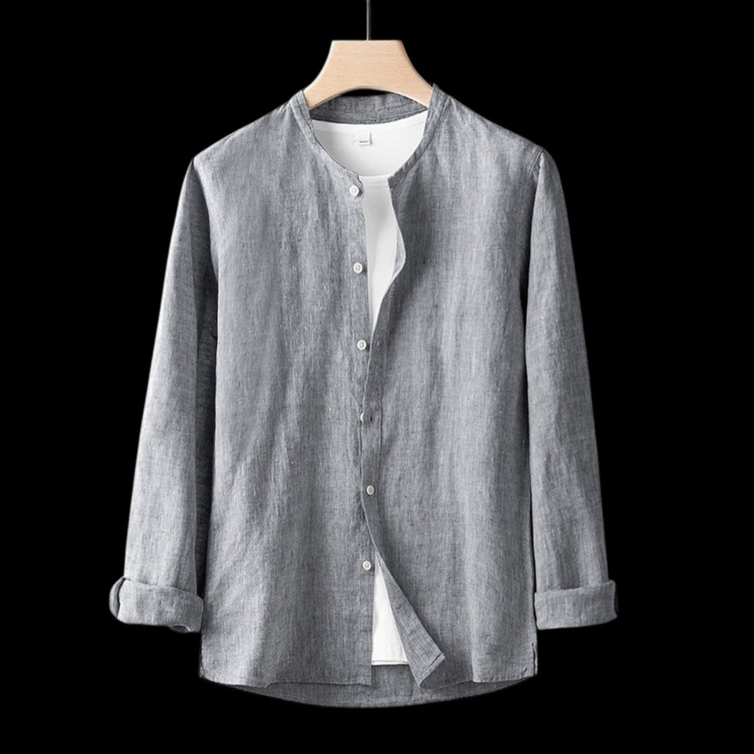 Mens Henley Long-Sleeve Linen Shirt Relaxed-Fit Button-Front