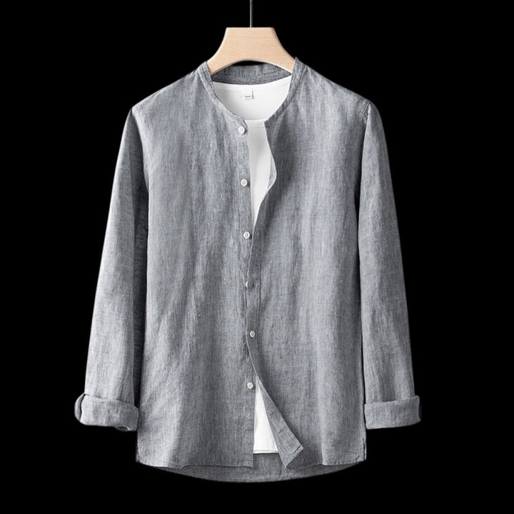 Mens Henley Long-Sleeve Linen Shirt Relaxed-Fit Button-Front