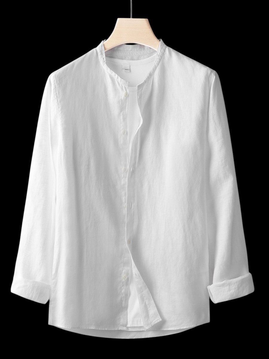 Mens Henley Long-Sleeve Linen Shirt Relaxed-Fit Button-Front