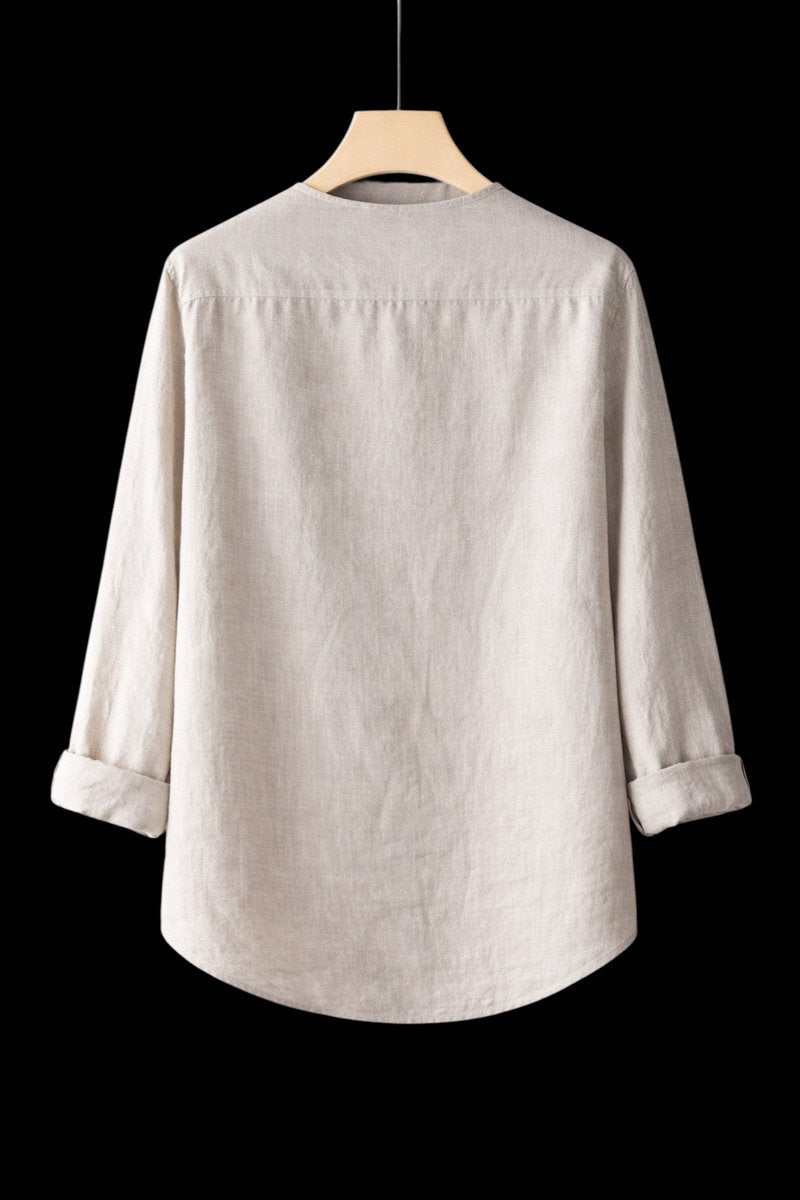 Mens Henley Long-Sleeve Linen Shirt Relaxed-Fit Button-Front