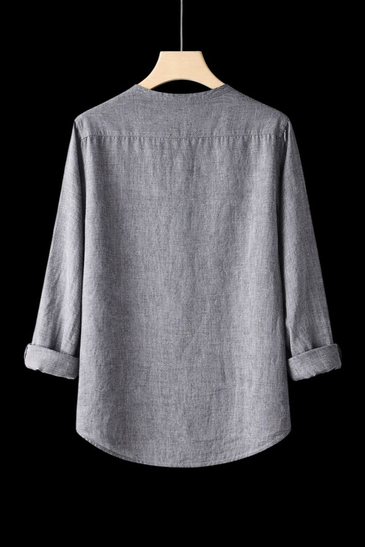 Mens Henley Long-Sleeve Linen Shirt Relaxed-Fit Button-Front