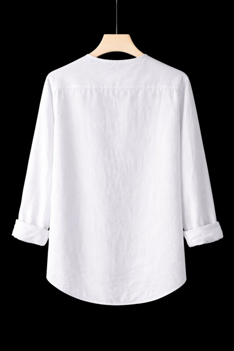 Mens Henley Long-Sleeve Linen Shirt Relaxed-Fit Button-Front