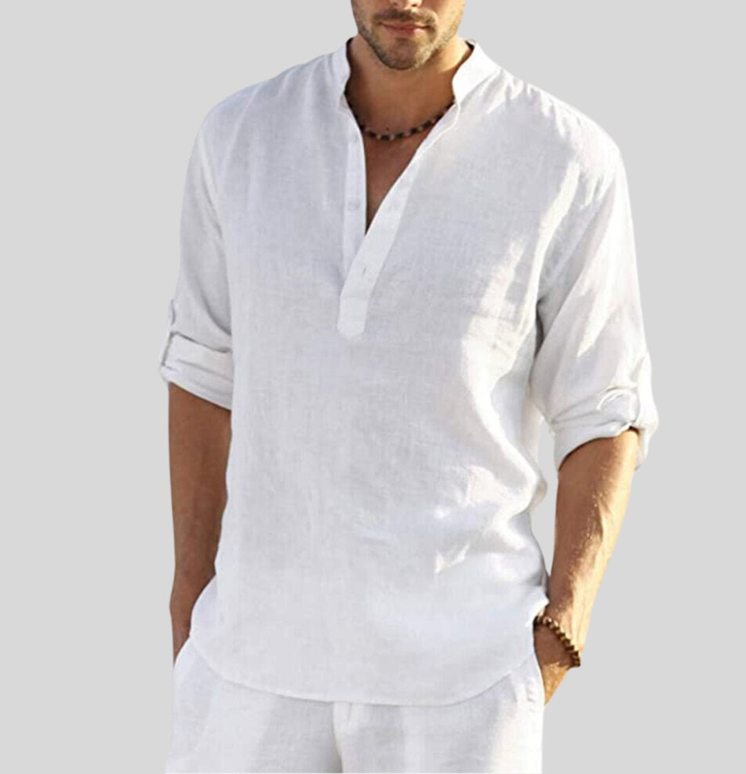 Men's Henley Long-Sleeve Linen Shirt Relaxed-Fit Stand Collar