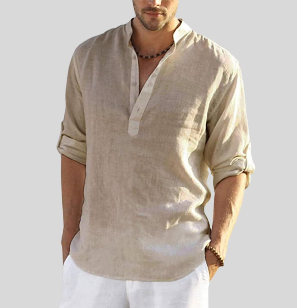 Men's Henley Long-Sleeve Linen Shirt Relaxed-Fit Stand Collar