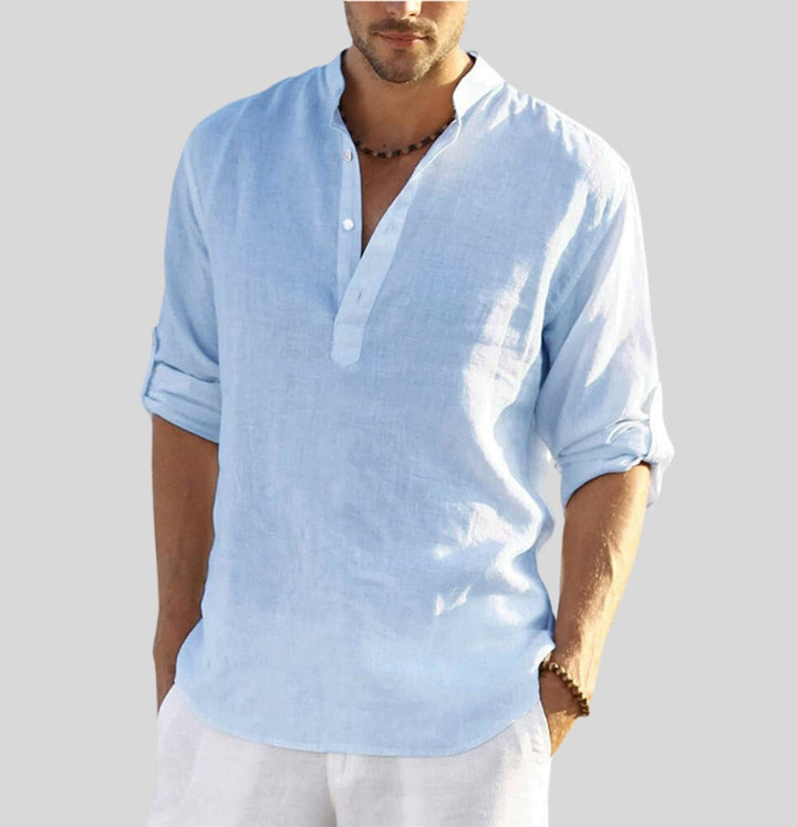 Men's Henley Long-Sleeve Linen Shirt Relaxed-Fit Stand Collar