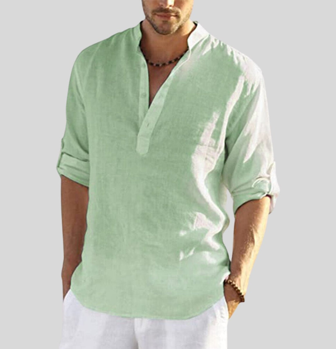 Men's Henley Long-Sleeve Linen Shirt Relaxed-Fit Stand Collar