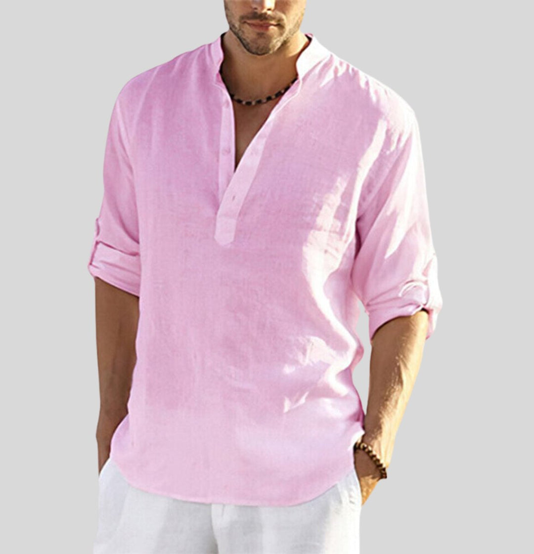 Men's Henley Long-Sleeve Linen Shirt Relaxed-Fit Stand Collar