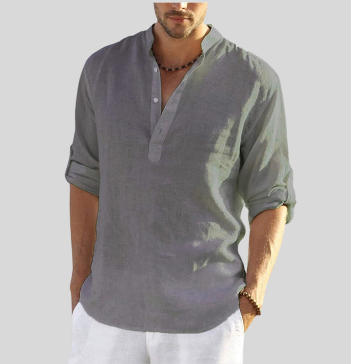 Men's Henley Long-Sleeve Linen Shirt Relaxed-Fit Stand Collar