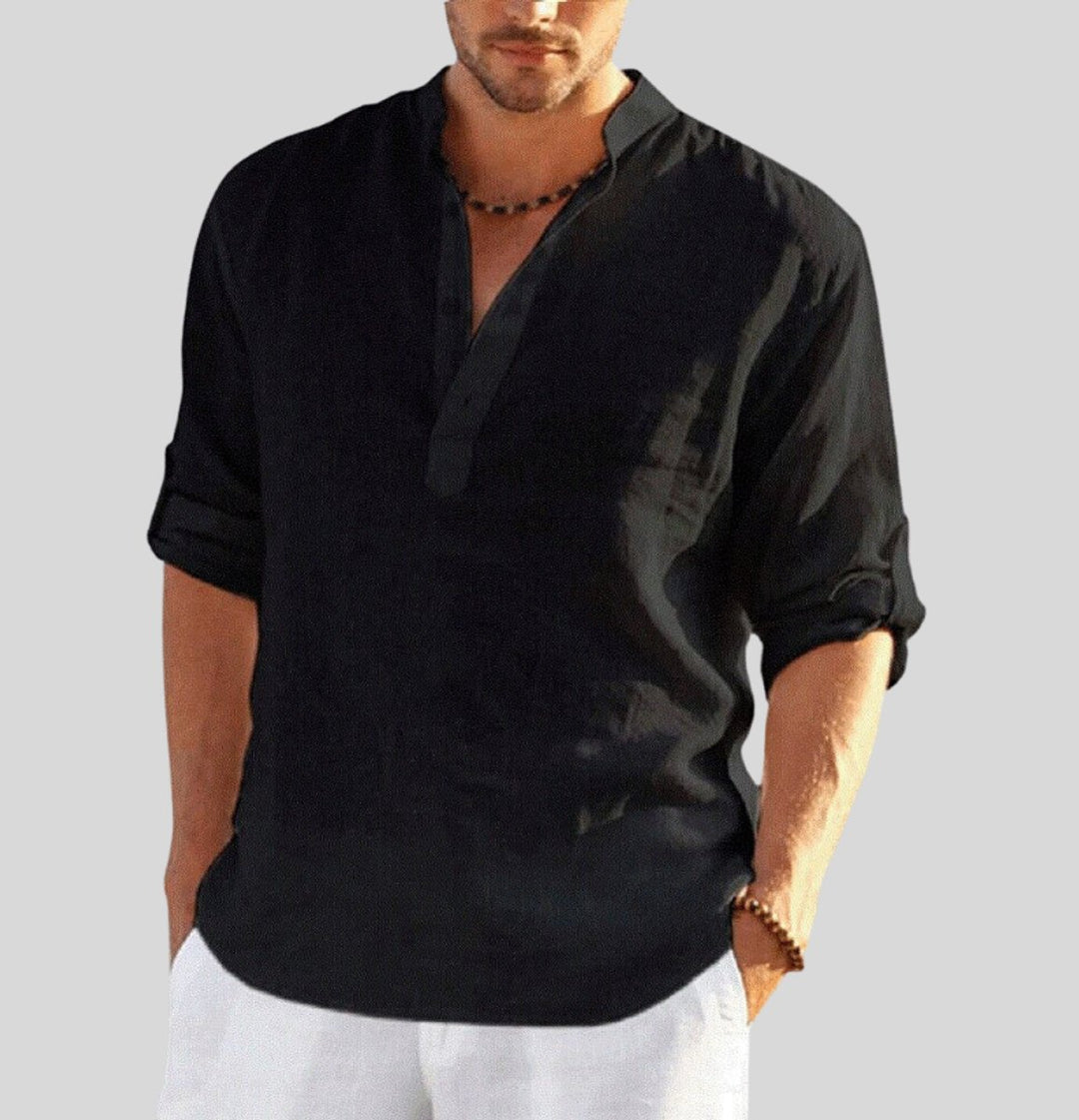 Men's Henley Long-Sleeve Linen Shirt Relaxed-Fit Stand Collar