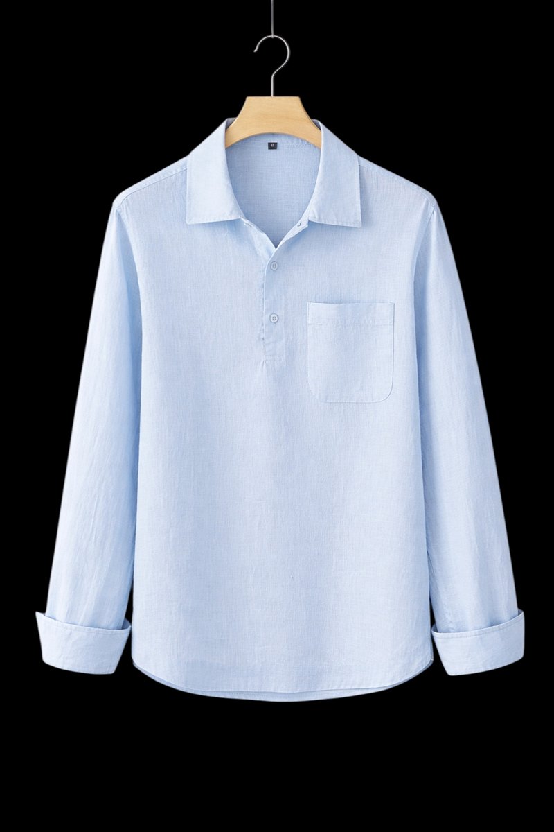 Mens Henley Long-Sleeve Linen Shirt Relaxed Pullover