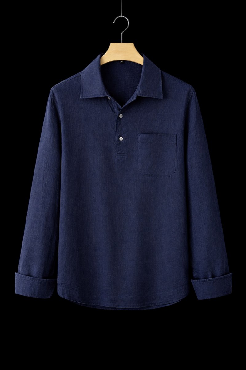 Mens Henley Long-Sleeve Linen Shirt Relaxed Pullover