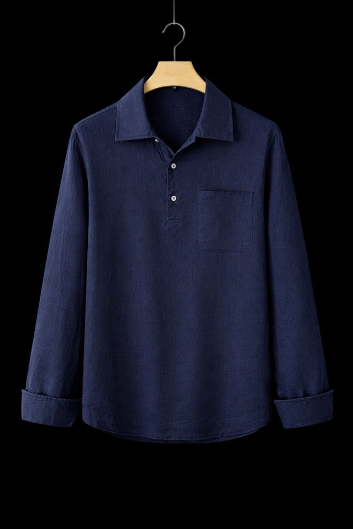 Mens Henley Long-Sleeve Linen Shirt Relaxed Pullover