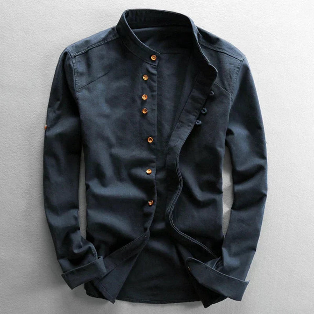 Mens Henley Long-Sleeve Linen Shirt Stand Collar Wrinkle-Free