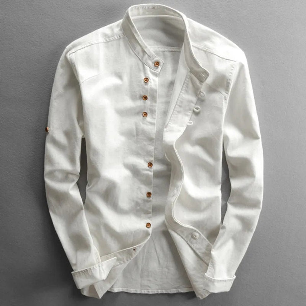 Mens Henley Long-Sleeve Linen Shirt Stand Collar Wrinkle-Free