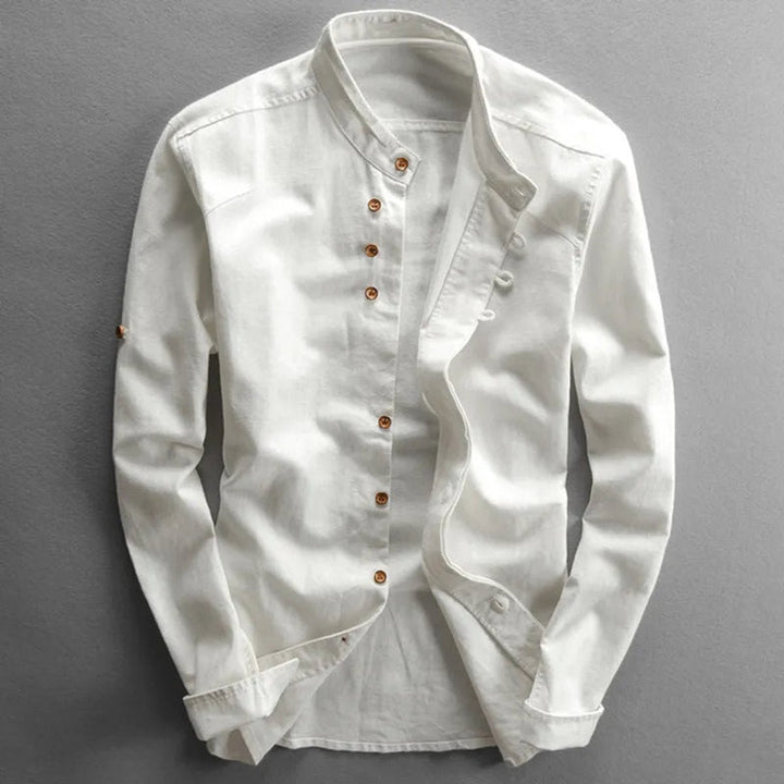 Mens Henley Long-Sleeve Linen Shirt Stand Collar Wrinkle-Free