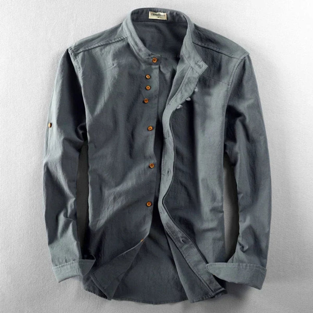 Mens Henley Long-Sleeve Linen Shirt Stand Collar Wrinkle-Free