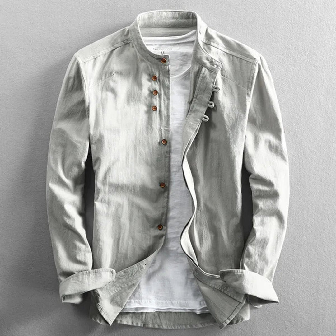 Mens Henley Long-Sleeve Linen Shirt Stand Collar Wrinkle-Free