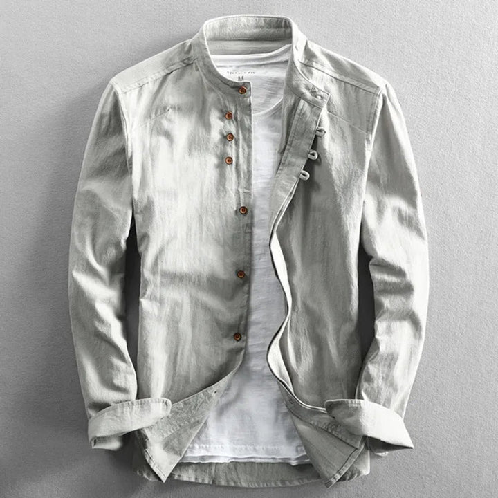 Mens Henley Long-Sleeve Linen Shirt Stand Collar Wrinkle-Free