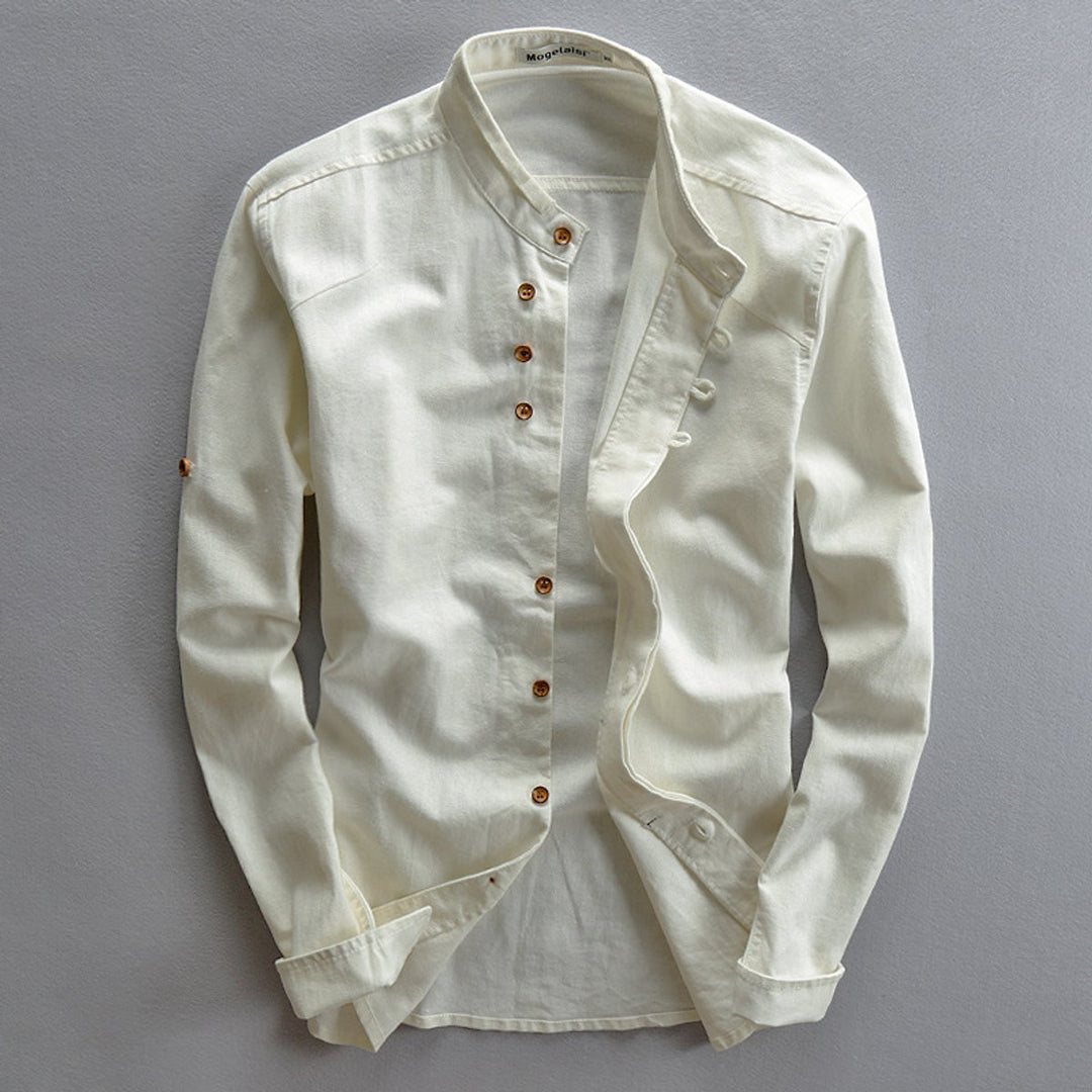 Mens Henley Long-Sleeve Mandarin Collar Linen Shirt