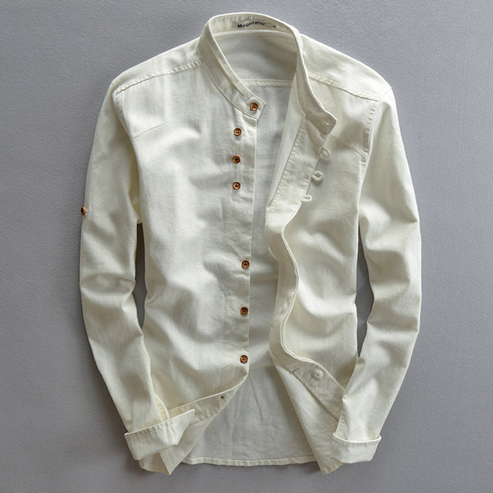 Mens Henley Long-Sleeve Mandarin Collar Linen Shirt