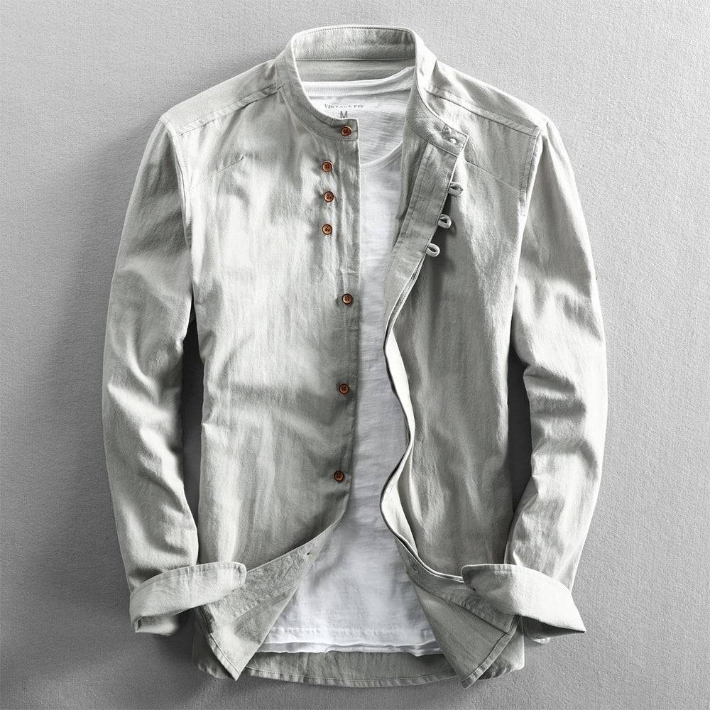 Mens Henley Long-Sleeve Mandarin Collar Linen Shirt