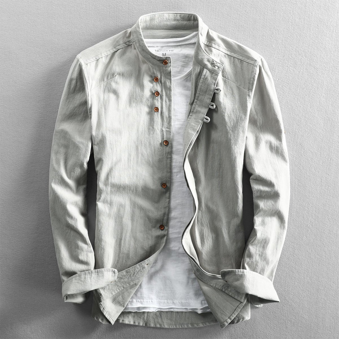 Mens Henley Long-Sleeve Mandarin Collar Linen Shirt
