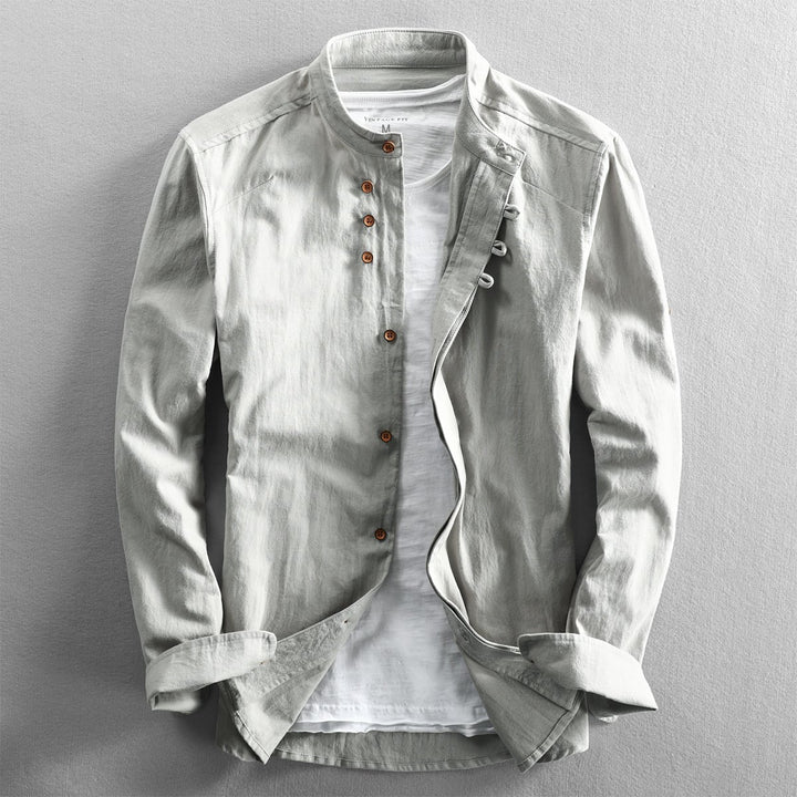 Mens Henley Long-Sleeve Mandarin Collar Linen Shirt