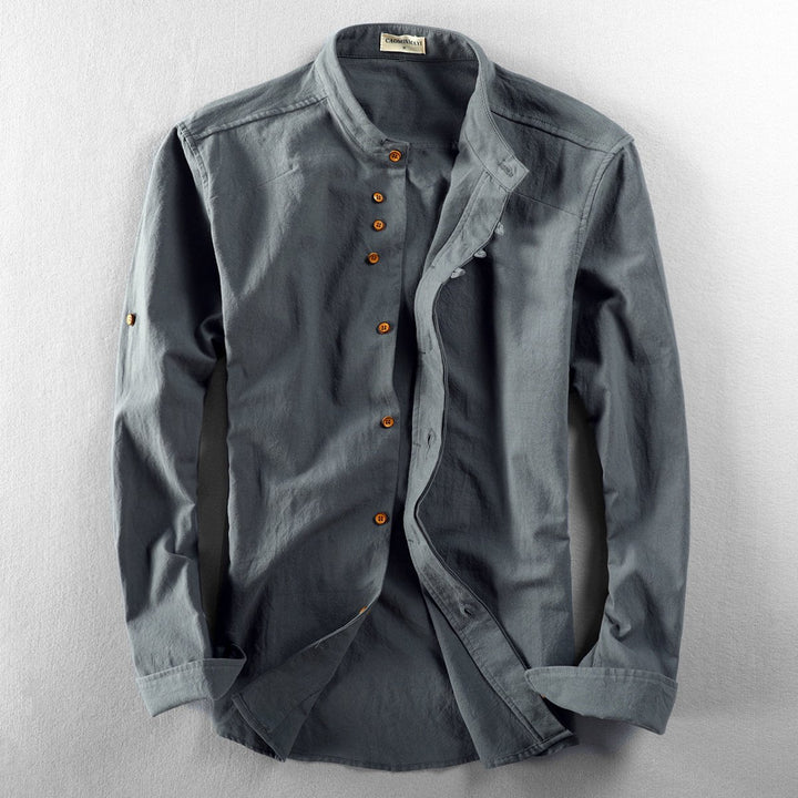 Mens Henley Long-Sleeve Mandarin Collar Linen Shirt