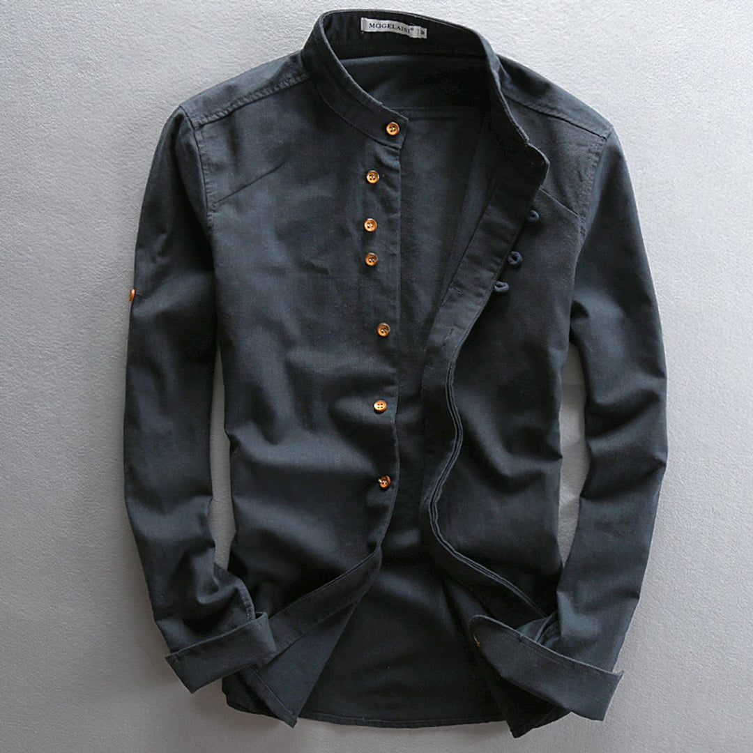 Mens Henley Long-Sleeve Mandarin Collar Linen Shirt