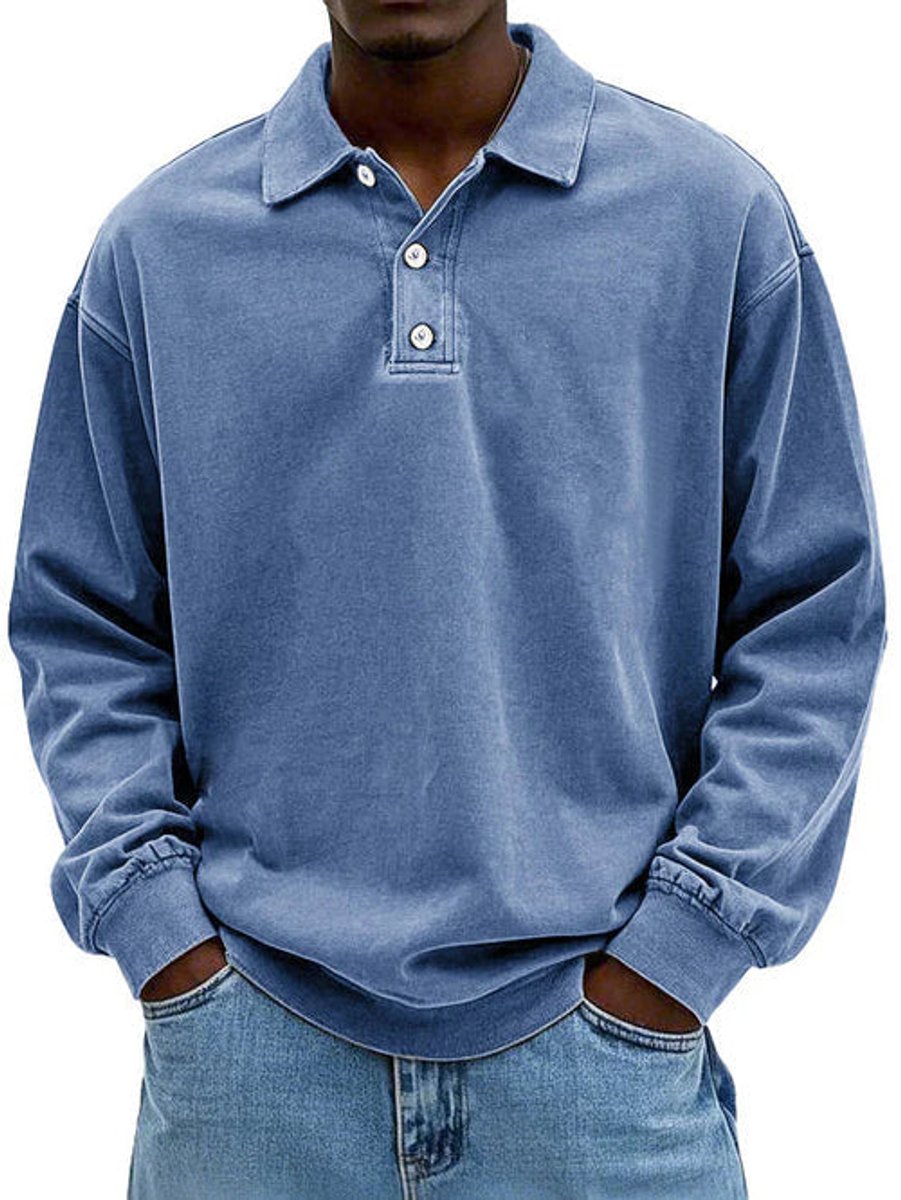 Men's Henley Long-Sleeve Polo Sweatshirt Relaxed-Fit Casual Jumper