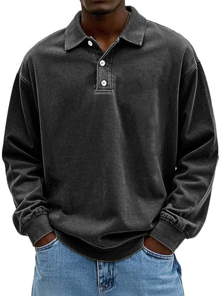 Men's Henley Long-Sleeve Polo Sweatshirt Relaxed-Fit Casual Jumper