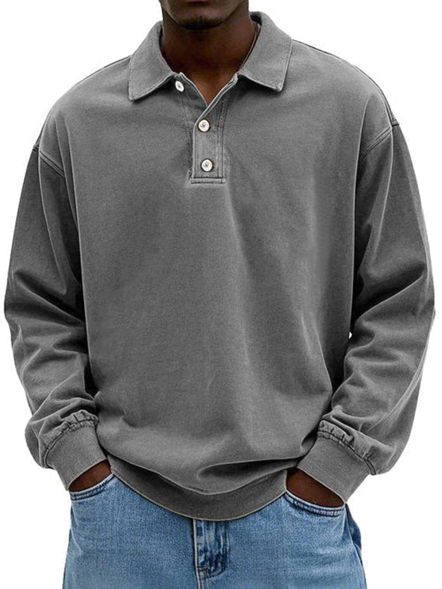 Men's Henley Long-Sleeve Polo Sweatshirt Relaxed-Fit Casual Jumper