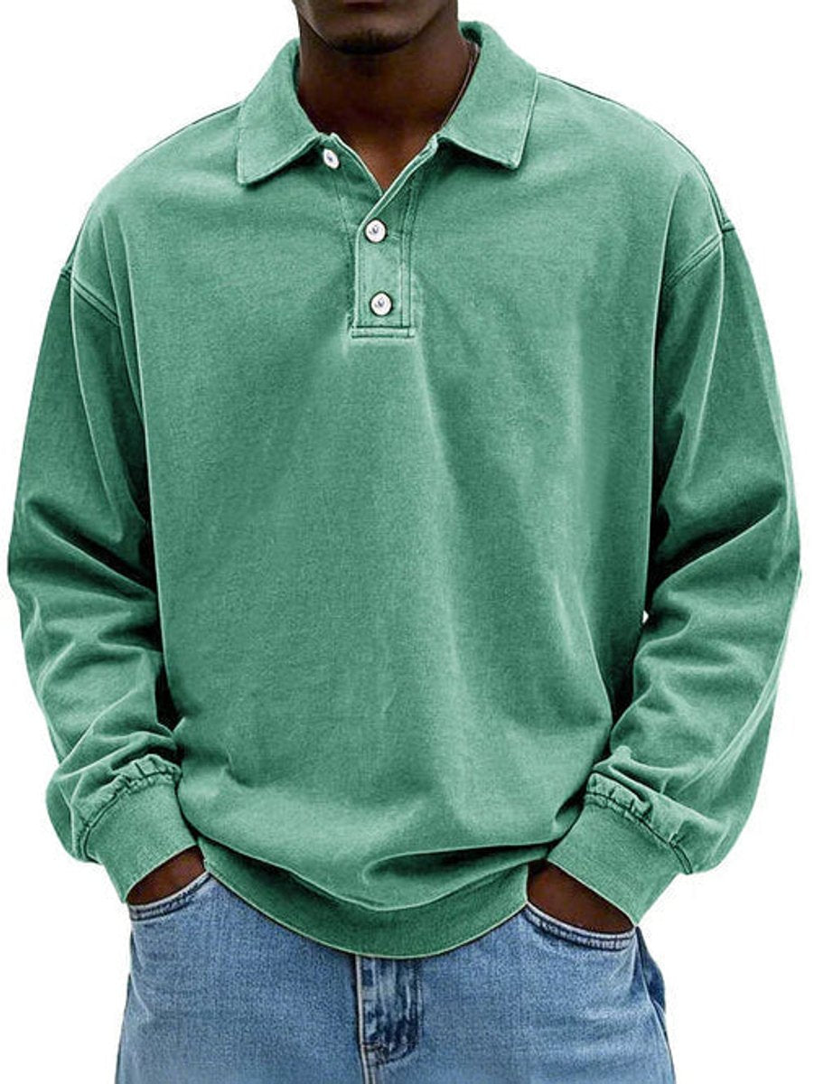 Men's Henley Long-Sleeve Polo Sweatshirt Relaxed-Fit Casual Jumper