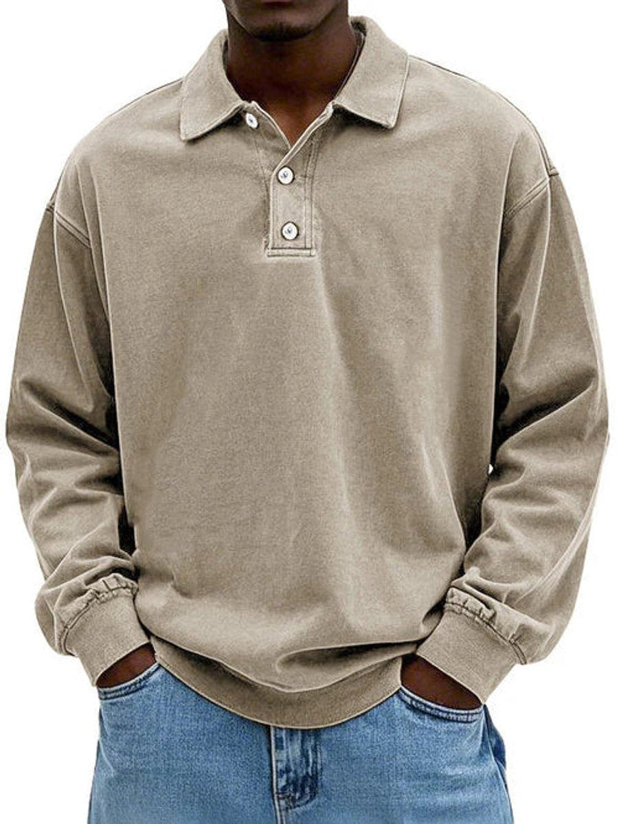 Men's Henley Long-Sleeve Polo Sweatshirt Relaxed-Fit Casual Jumper