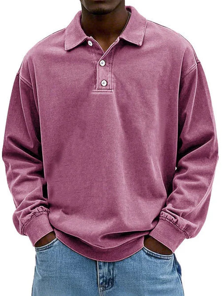 Men's Henley Long-Sleeve Polo Sweatshirt Relaxed-Fit Casual Jumper