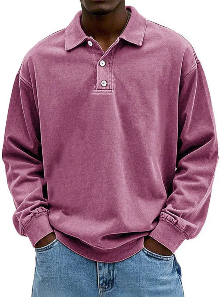 Men's Henley Long-Sleeve Polo Sweatshirt Relaxed-Fit Casual Jumper